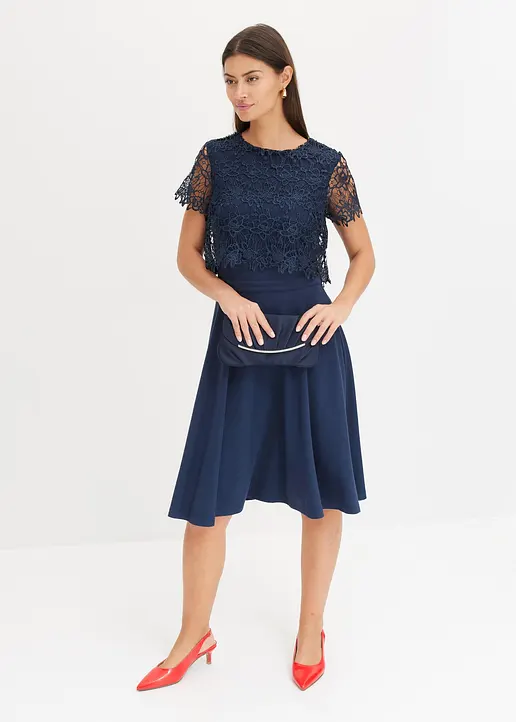 Bonprix Elegant Und Feminin: Midi-Kleid Mit Spitzen-Oberteil Und Ausgestelltem Rock