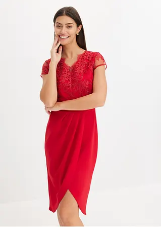 Bonprix Elegant Und Feminin: Minikleid Mit Spitzen Im Oberteil Und Einem Rock In Wickel-Optik Aus Fester Scuba-Qualität