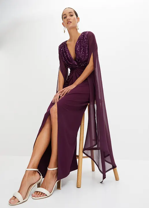 Bonprix Elegant Und Sexy Abendkleid Mit Tiefem Ausschnitt Und Langem Schlitz - Mit Den Pailletten Im Oberteil Und Extra Langen Chiffon-Ärmel Ist Es Ein Wahrer Eye-Catcher