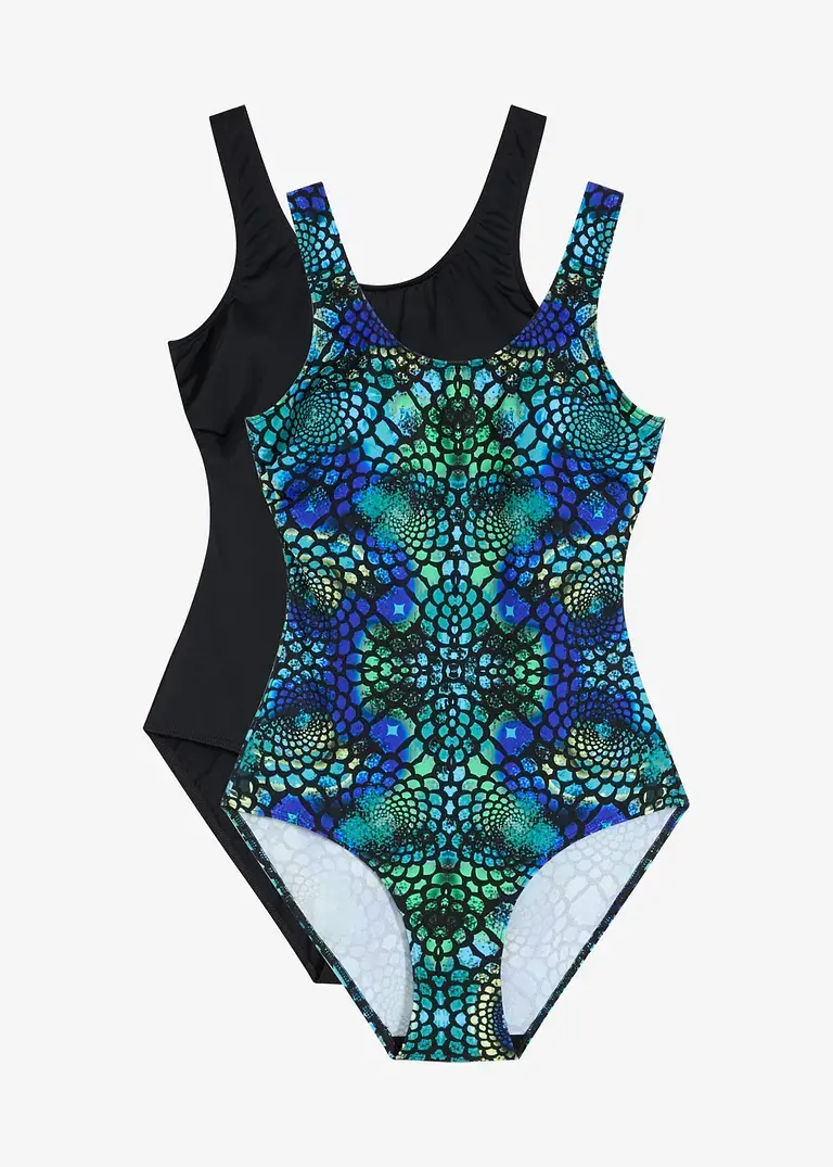 bonprix Elegante Badeanzuge im Doppelpack - schwarz+bunt bedruckt - Damen