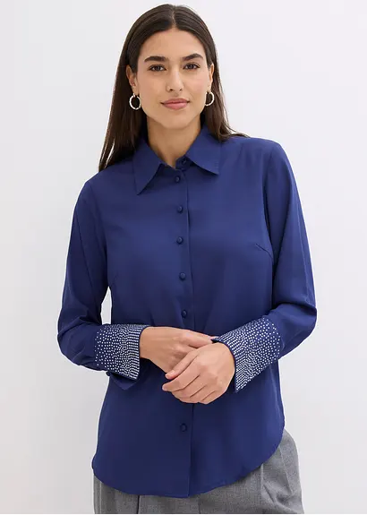 Bonprix Elegante Bluse Mit Glitzersteinchen - Blau - Damen