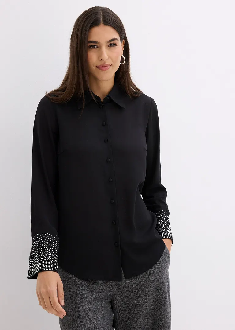 Bonprix Elegante Bluse Mit Glitzersteinchen - Schwarz - Damen