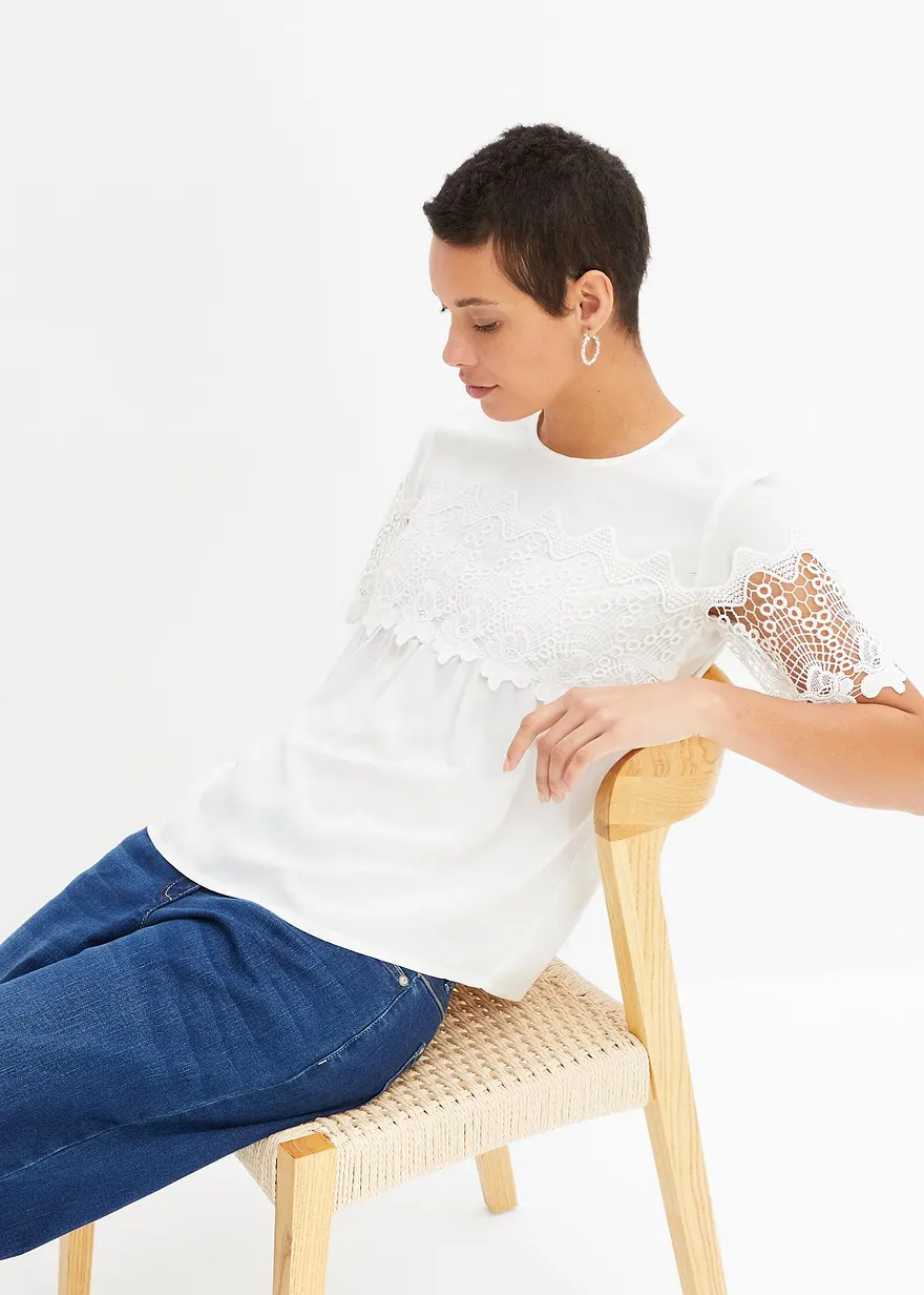 Bonprix Elegante Bluse Mit Hochwertigen Spitzen-Details - Weiß