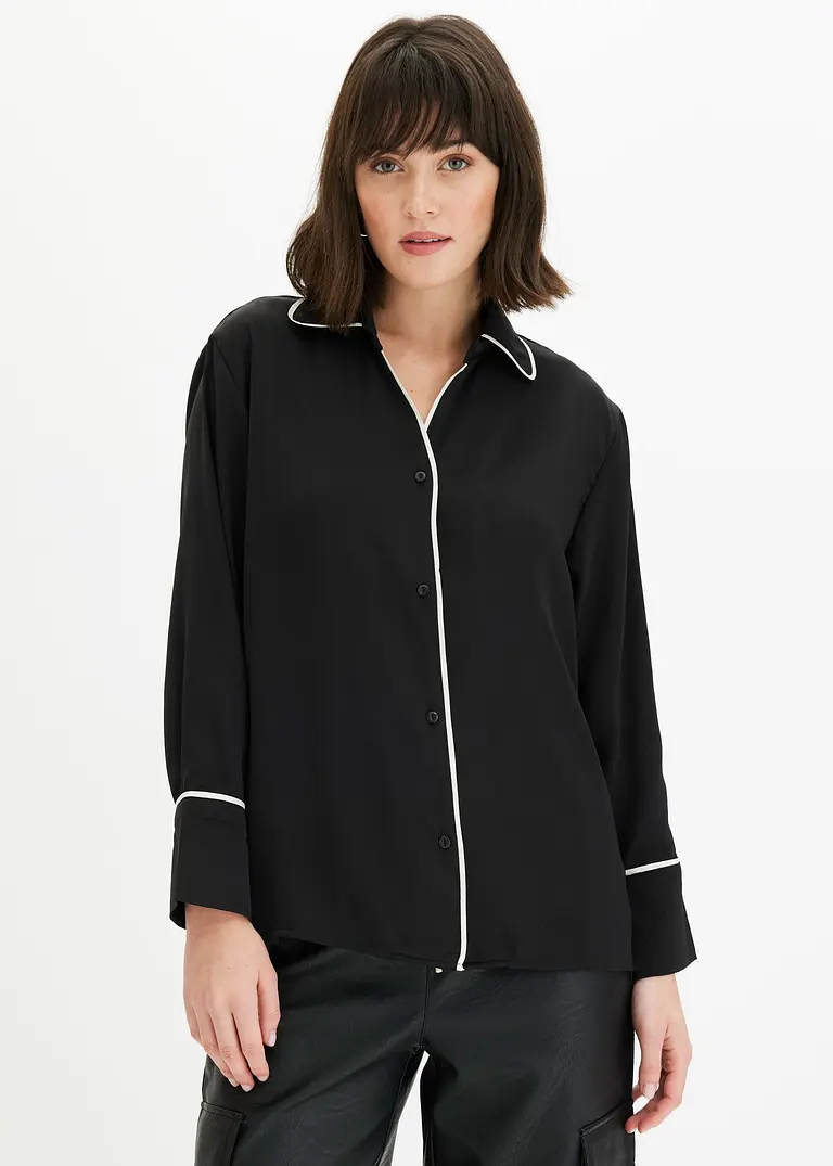 Bonprix Elegante Bluse Mit Kontrast Piping - Schwarz - Damen
