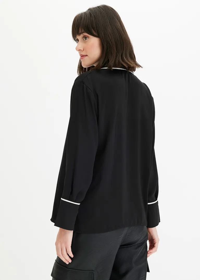 Bonprix Elegante Bluse Mit Kontrast Piping - Schwarz - Damen