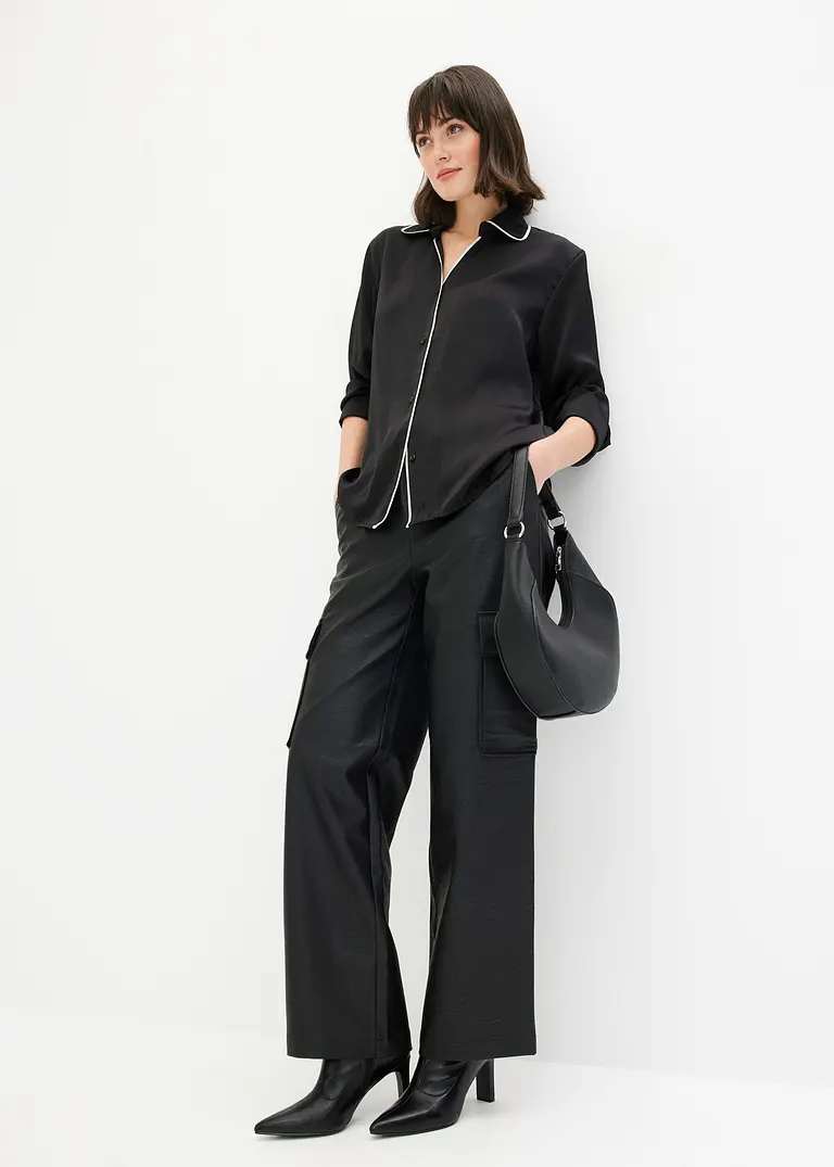 Bonprix Elegante Bluse Mit Kontrast Piping - Schwarz - Damen
