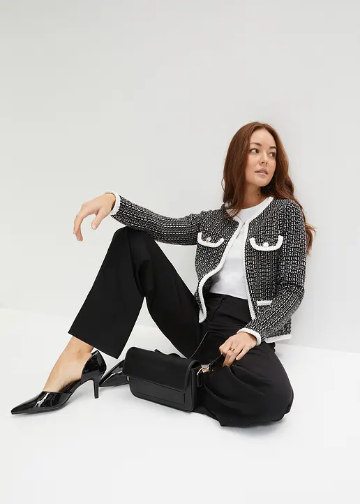 Bonprix Elegante Bouclé Jacke Mit Taschen - Schwarz - Damen