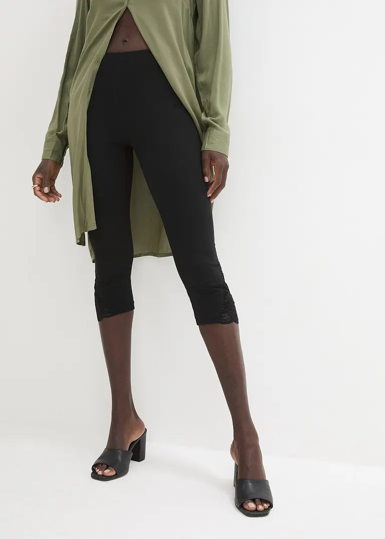 Bonprix Elegante Capri-Leggings Mit Spitze - Schwarz - Damen