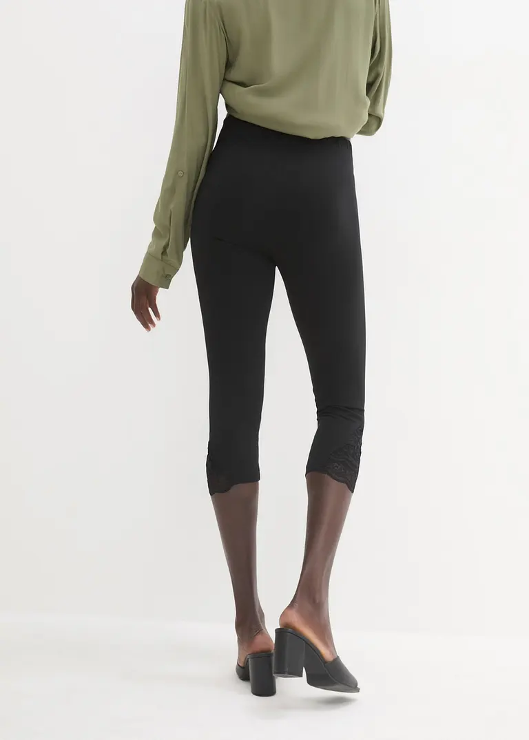 Bonprix Elegante Capri-Leggings Mit Spitze - Schwarz - Damen