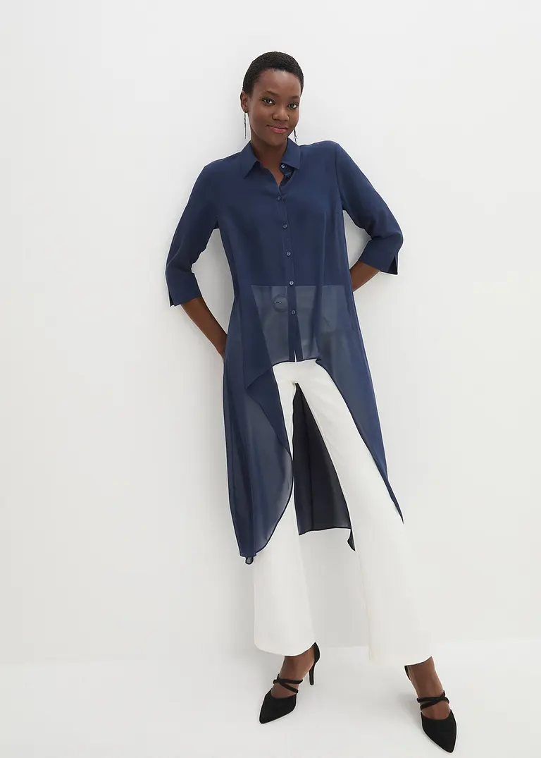 Bonprix Elegante Chiffonbluse Mit Volants - Blau - Damen