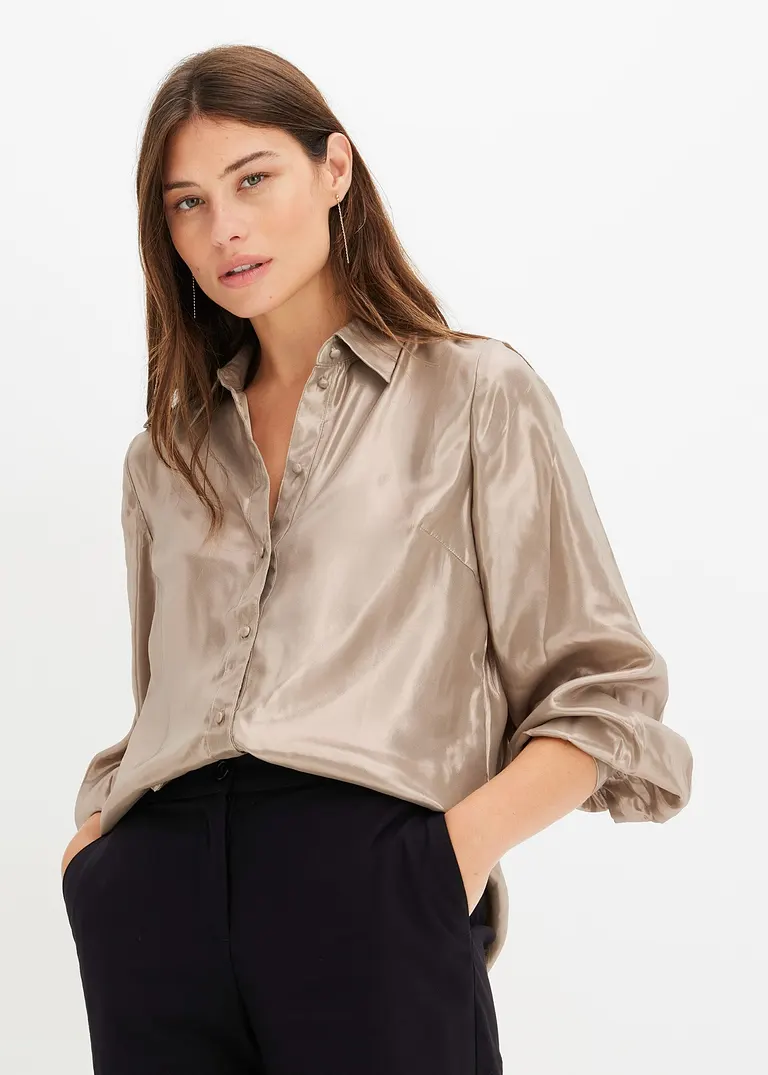 Bonprix Elegante Hemdbluse Mit Edlem Glanzdruck - Beige - Damen