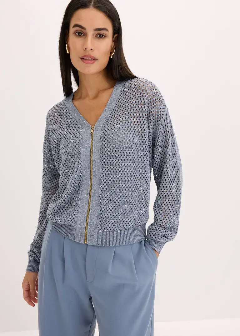 Bonprix Elegante Kurz-Strickjacke Mit Reißverschluss Vorne - Blau - Damen