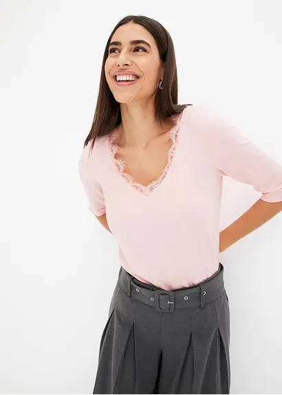 Bonprix Elegante Shirt Mit Spitze Im V-Ausschnitt - Rosa