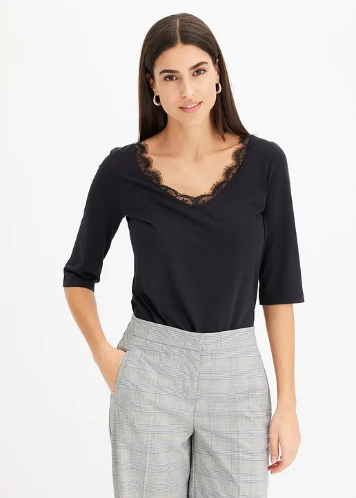 Bonprix Elegante Shirt Mit Spitze Im V-Ausschnitt - Schwarz