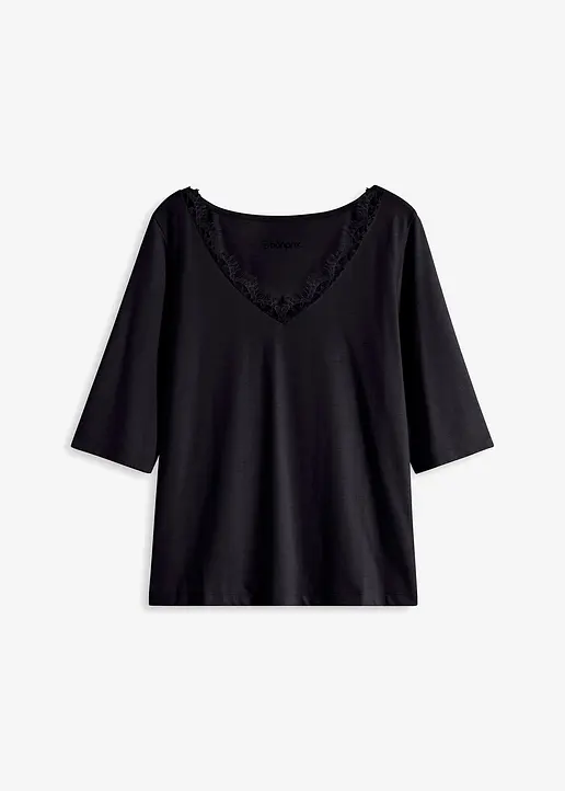 bonprix elegante Shirt mit Spitze im V-Ausschnitt - schwarz