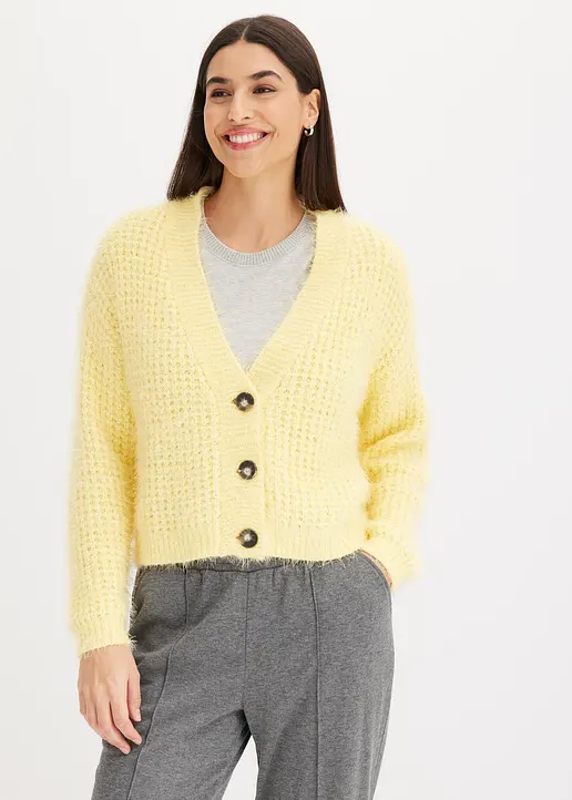 Bonprix Elegante Strickjacke Mit Bändchengarn - Gelb - Damen