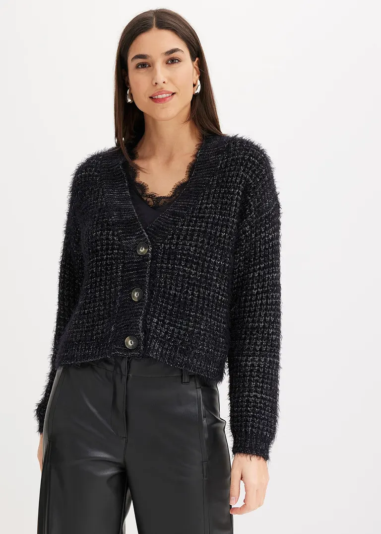 Bonprix Elegante Strickjacke Mit Bändchengarn - Schwarz - Damen