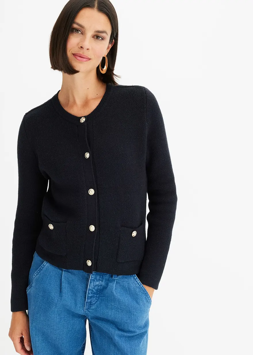 Bonprix Elegante Strickjacke Mit Goldenen Knöpfen - Schwarz
