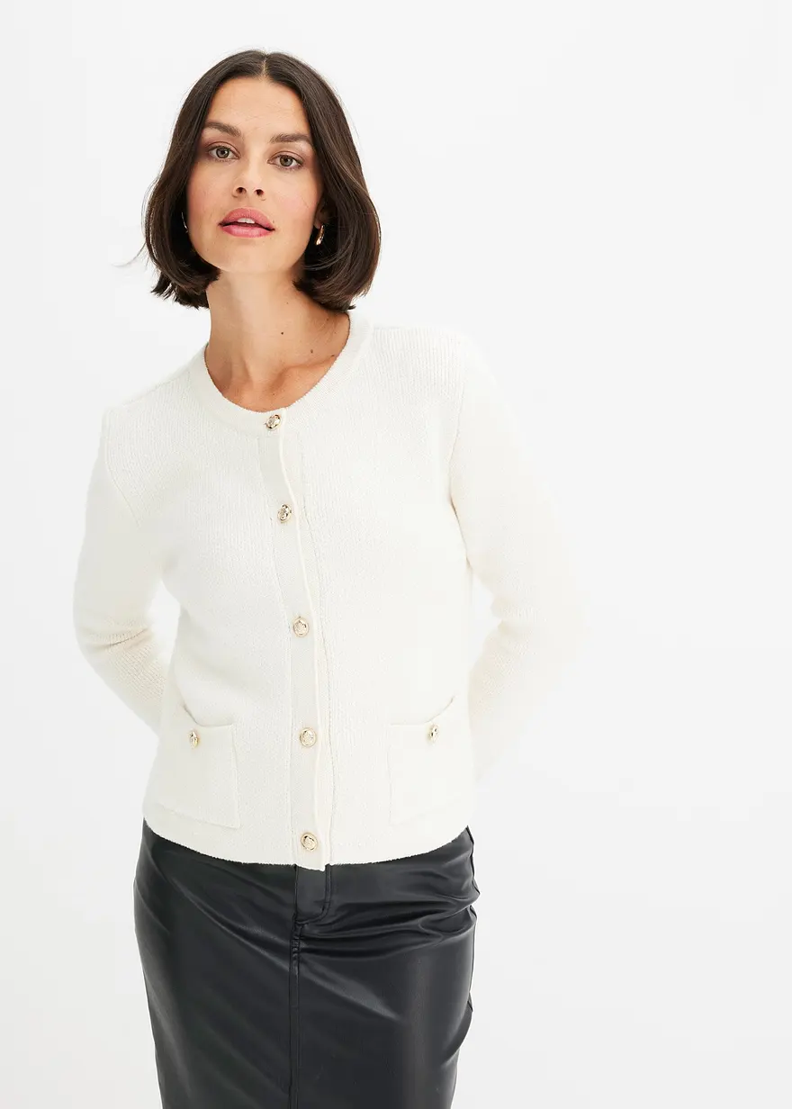Bonprix Elegante Strickjacke Mit Goldenen Knöpfen - Weiß