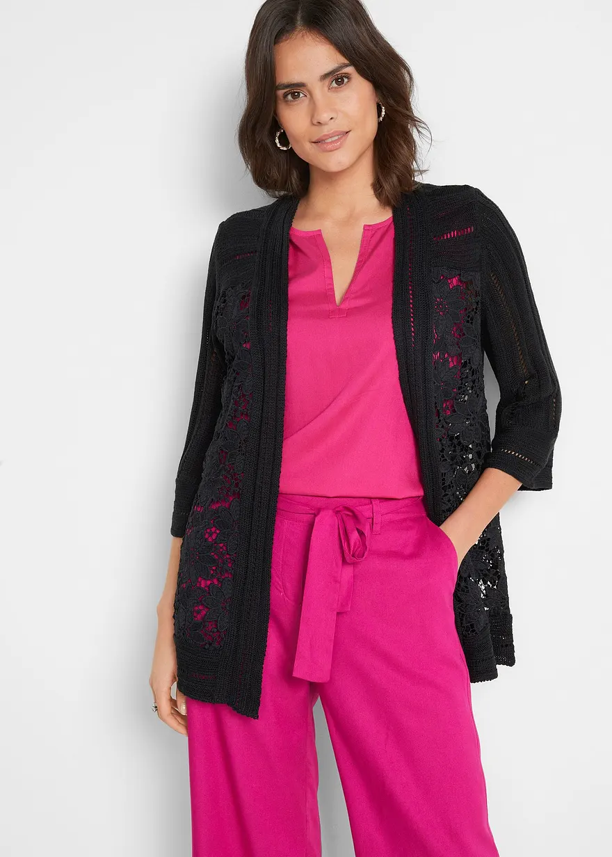 Bonprix Elegante Strickjacke Mit Spitze - Schwarz - Damen