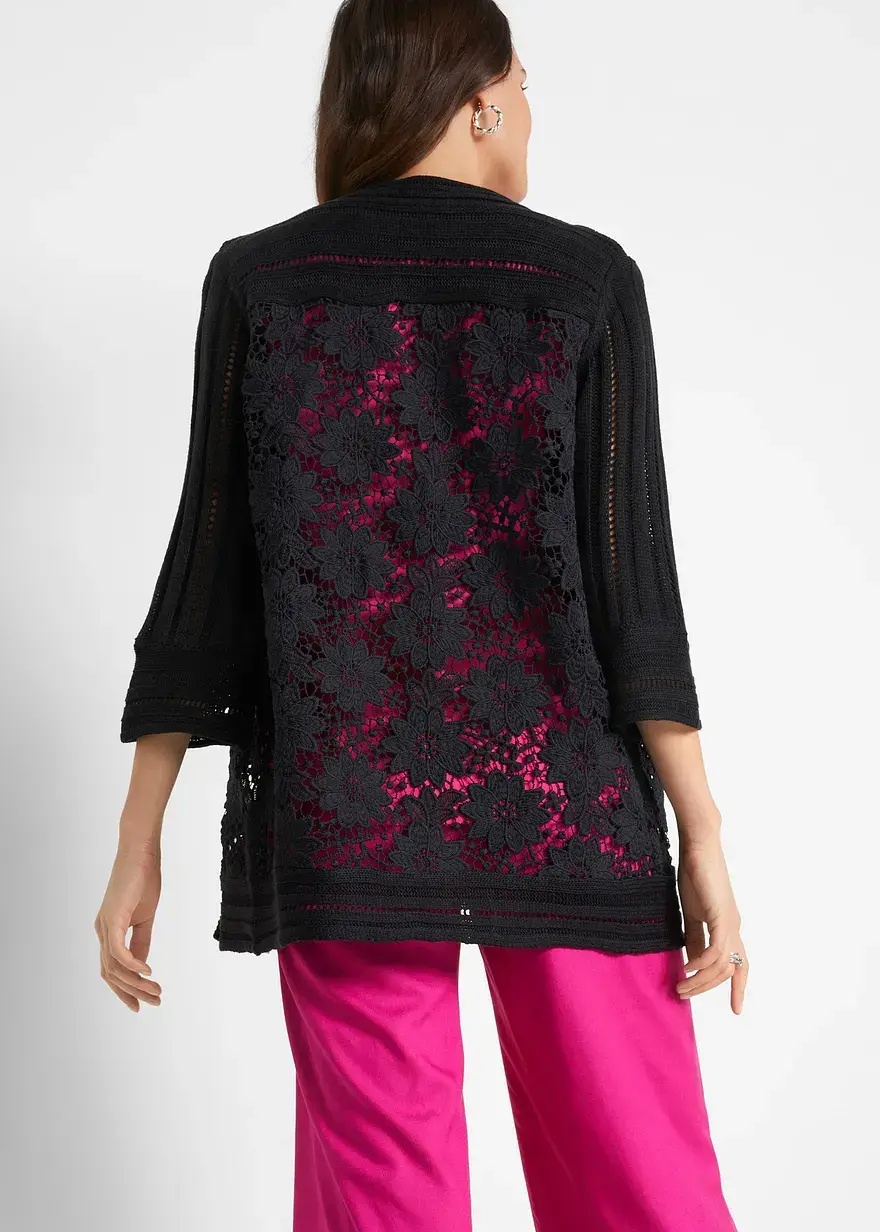 Bonprix Elegante Strickjacke Mit Spitze - Schwarz - Damen