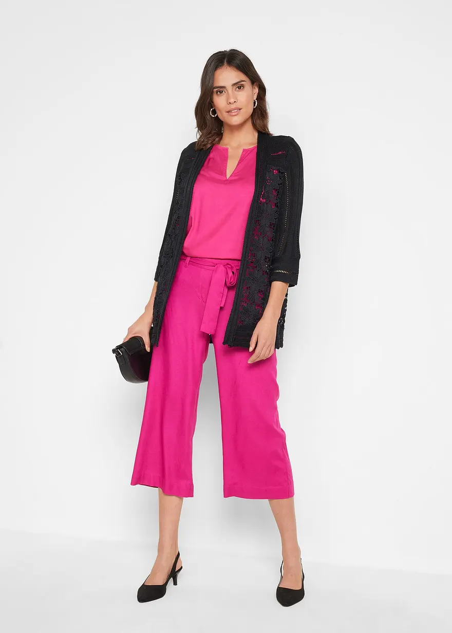 Bonprix Elegante Strickjacke Mit Spitze - Schwarz - Damen