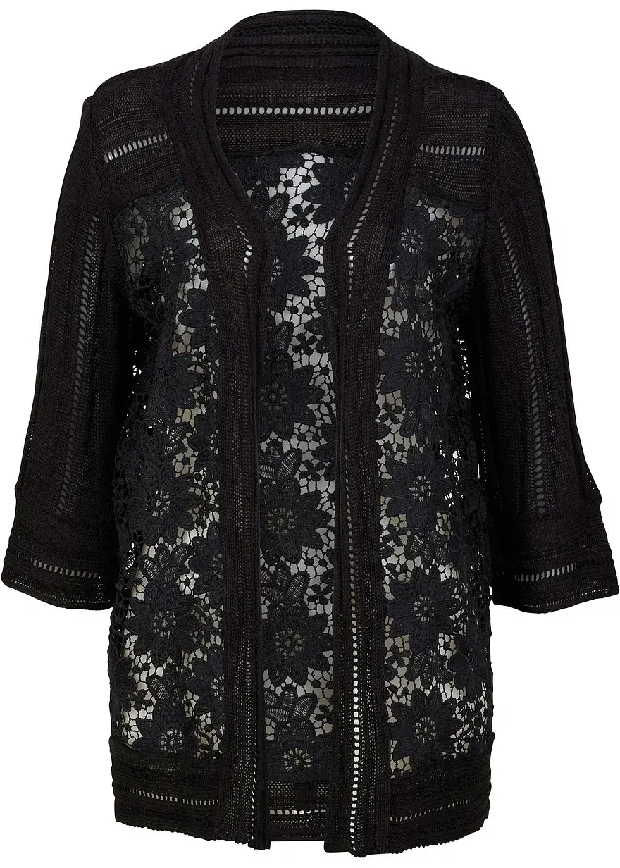 bonprix elegante Strickjacke mit Spitze - schwarz - Damen