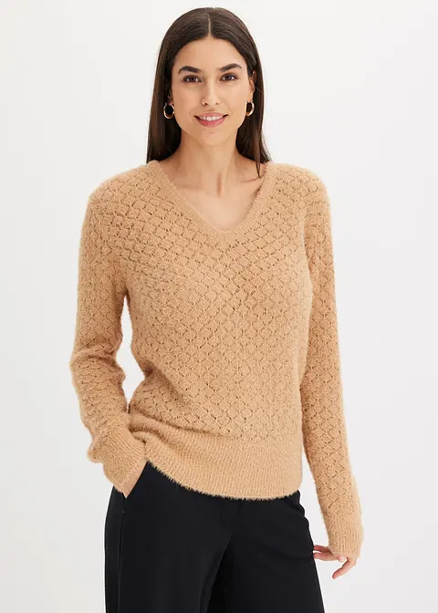 Bonprix Eleganter Ajourpullover In Wickeloptik Mit Federgarn - Beige