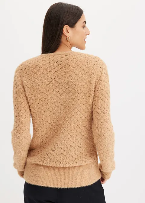 Bonprix Eleganter Ajourpullover In Wickeloptik Mit Federgarn - Beige