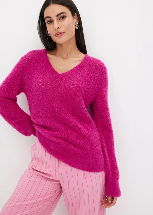 Bonprix Eleganter Ajourpullover In Wickeloptik Mit Federgarn - Pink