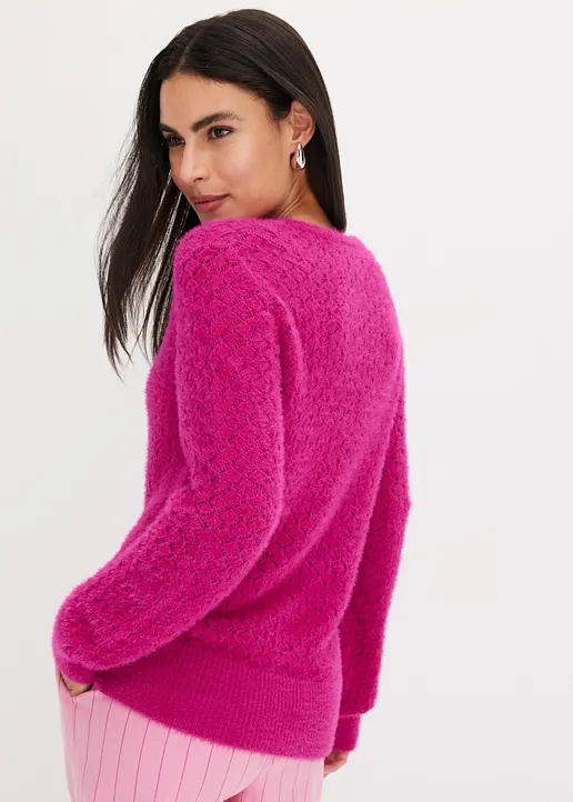 Bonprix Eleganter Ajourpullover In Wickeloptik Mit Federgarn - Pink