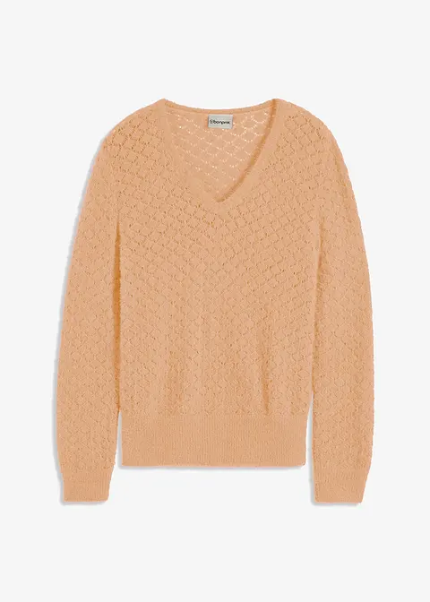 bonprix eleganter Ajourpullover in Wickeloptik mit Federgarn - beige
