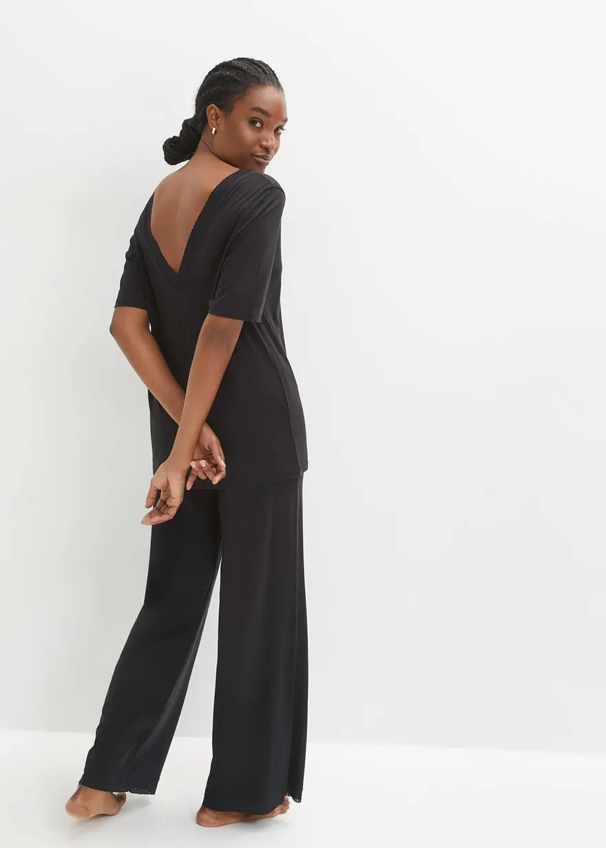 Bonprix Eleganter Hausanzug Aus Fließender Viskose Mit Spitze - Schwarz