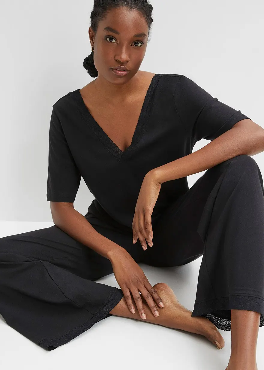 Bonprix Eleganter Hausanzug Aus Fließender Viskose Mit Spitze - Schwarz