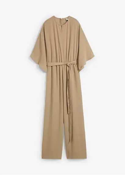 bonprix Eleganter Jumpsuit mit einem voluminösen weiten Bein einem Schlüssellochausschnitt und fließenden Cape-Ärmeln. Der farblich passende Gürtel verleiht der lockeren Silhouette mehr Definition