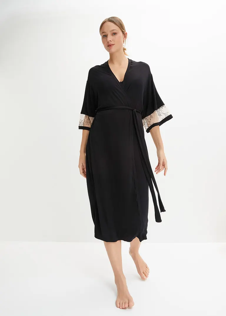 Bonprix Eleganter Kimono Mit Tollem Spitzeneinsatz - Schwarz