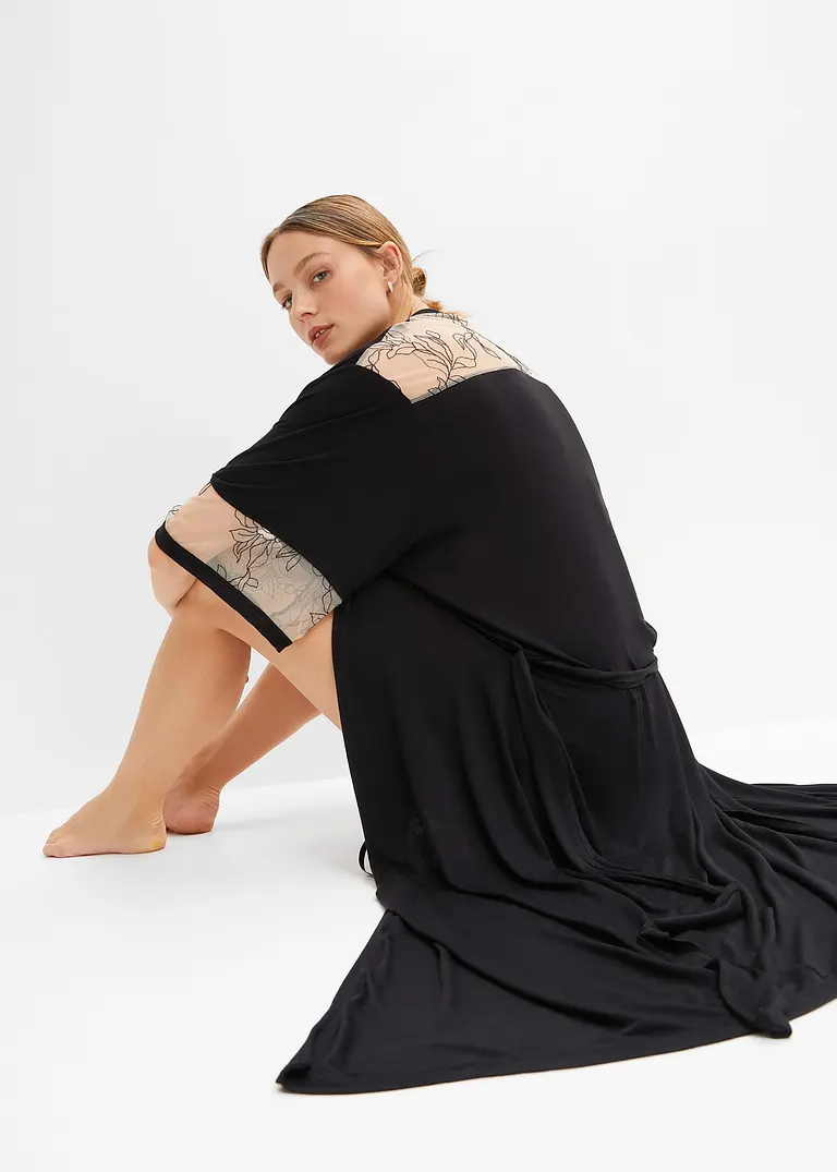 Bonprix Eleganter Kimono Mit Tollem Spitzeneinsatz - Schwarz
