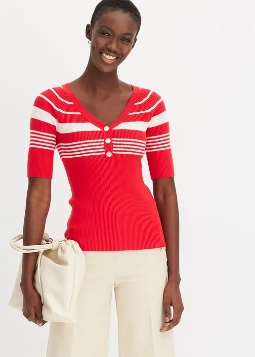 Bonprix Eleganter Kurzarm Rippenpullover Mit Dekorativen Knöpfen - Rot