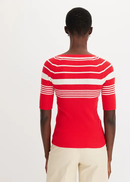 Bonprix Eleganter Kurzarm Rippenpullover Mit Dekorativen Knöpfen - Rot