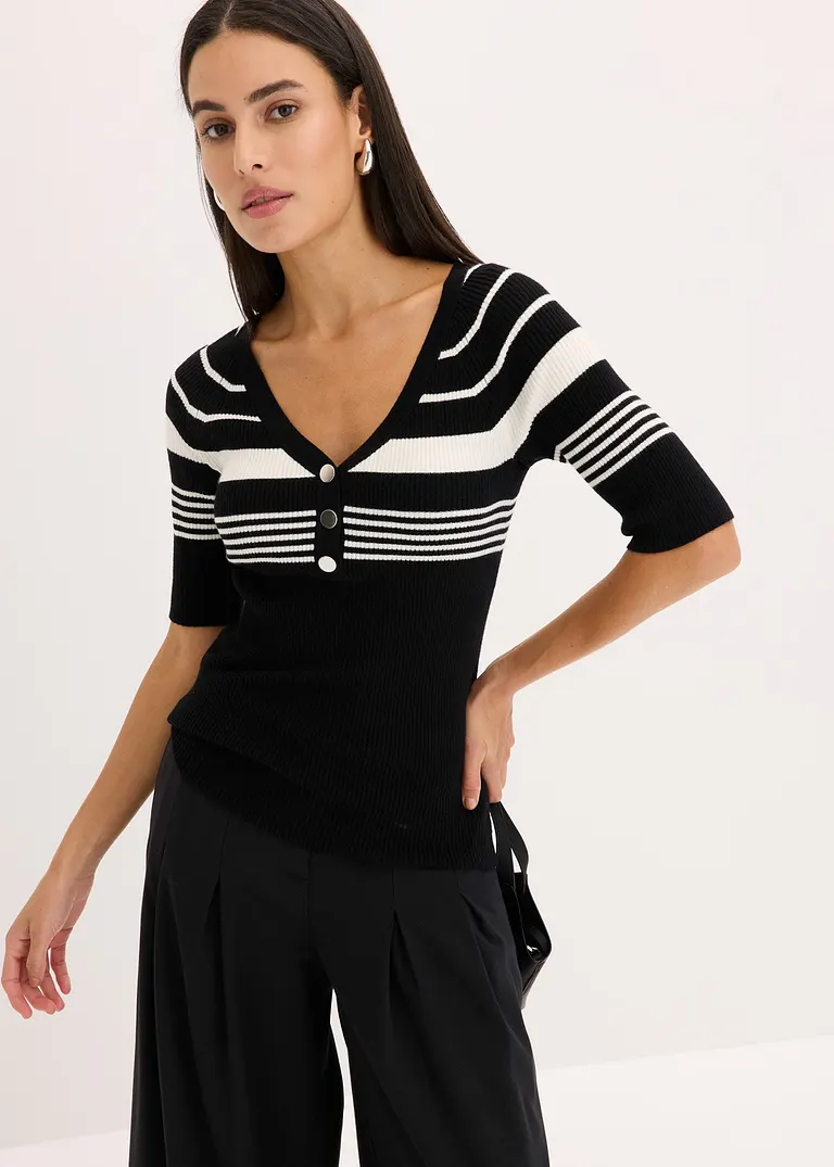 Bonprix Eleganter Kurzarm Rippenpullover Mit Dekorativen Knöpfen - Damen