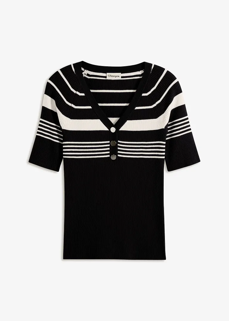 bonprix eleganter Kurzarm Rippenpullover mit dekorativen Knöpfen - Damen