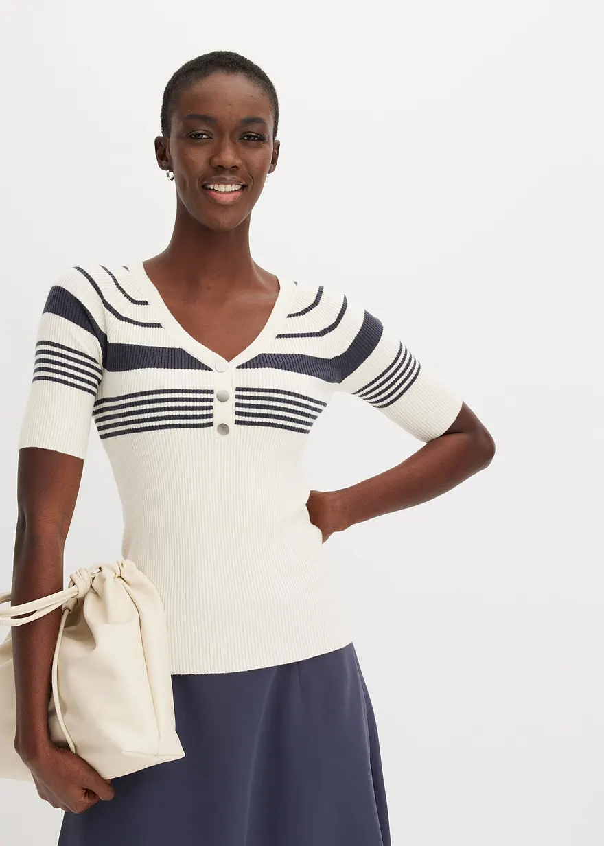 Bonprix Eleganter Kurzarm Rippenpullover Mit Dekorativen Knöpfen - Beige