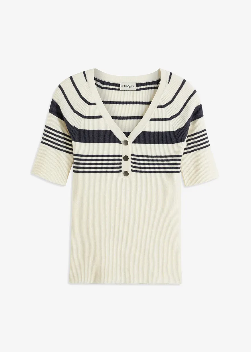 bonprix eleganter Kurzarm Rippenpullover mit dekorativen Knöpfen - beige