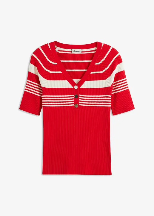 bonprix eleganter Kurzarm Rippenpullover mit dekorativen Knöpfen - rot