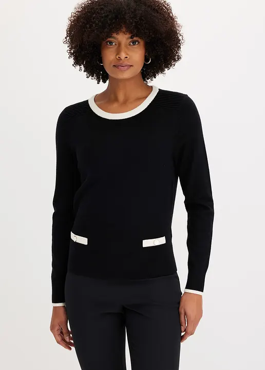 Bonprix Eleganter Pullover Mit Knöpfen - Schwarz - Damen