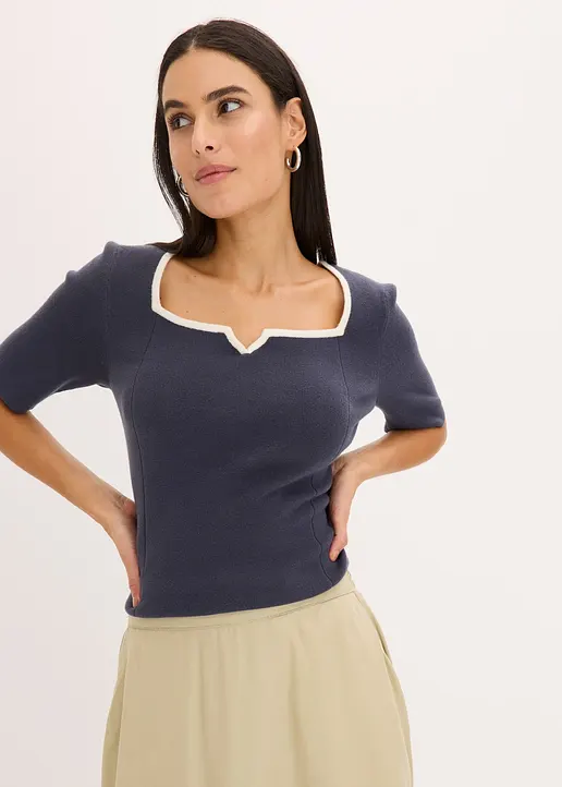 Bonprix Eleganter Pullover Mit Kontrastblende Und Kurzarm - Blau - Damen