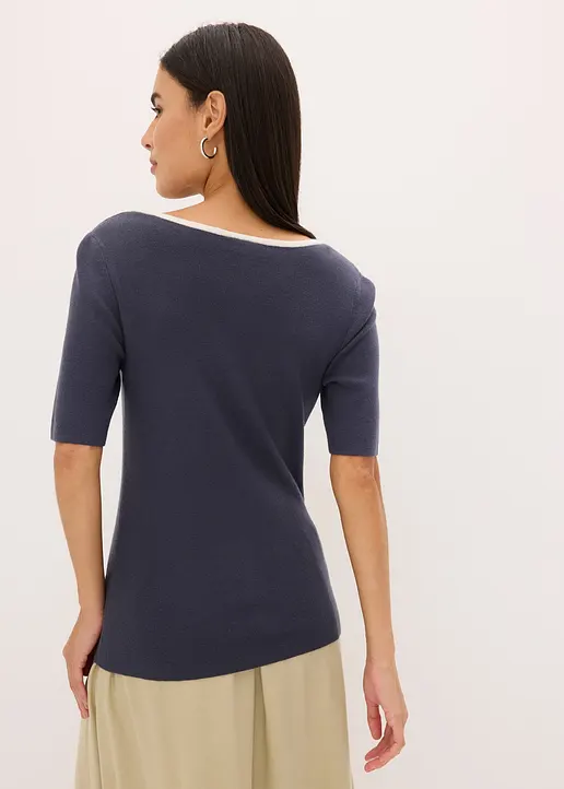 Bonprix Eleganter Pullover Mit Kontrastblende Und Kurzarm - Blau - Damen