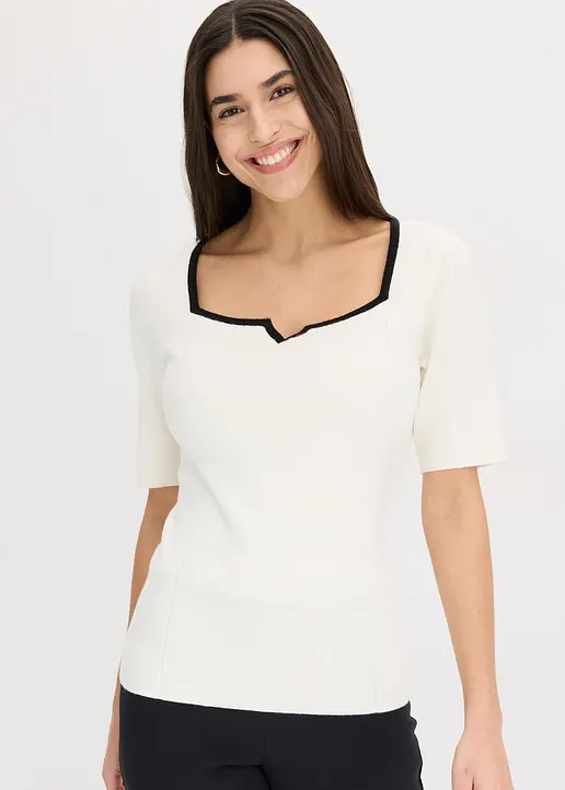 Bonprix Eleganter Pullover Mit Kontrastblende Und Kurzarm - Weiß - Damen