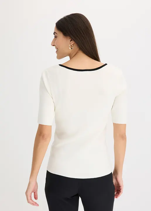 Bonprix Eleganter Pullover Mit Kontrastblende Und Kurzarm - Weiß - Damen