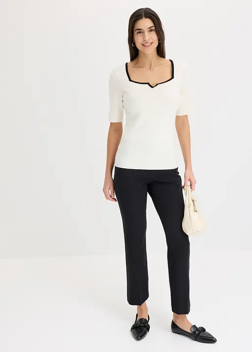 Bonprix Eleganter Pullover Mit Kontrastblende Und Kurzarm - Weiß - Damen
